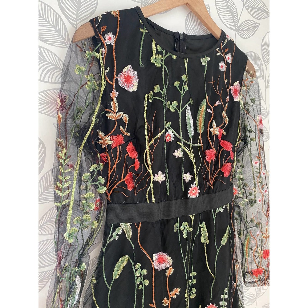 Unbranded Black Sheer Floral Long Sleeve Dress. Size S